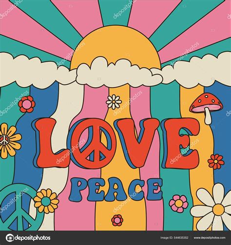 Hippie Poster Cartoon Psychedelic Banner With Colorful Hippy And Peace
