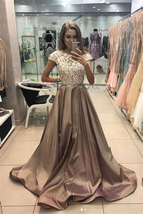 Champagne Satin Lace Long Prom Dress Champagne Evening Dress Prom