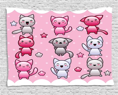 Anime Tapestry For Kids Cute Kitty Doodles With Emotions Funny Animal