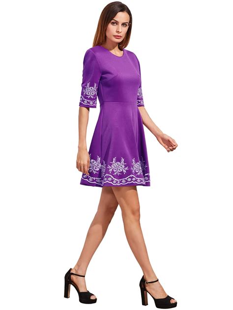 Purple Embroidered Half Sleeve Flare Dress Sheinsheinside