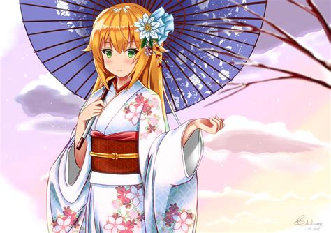 Бесплатные фото зонтик девочка аниме блондинка кимоно картинки от