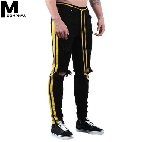 Moomphya 2019 New Distressed Holes Side Stripes Ripped Jeans For Men