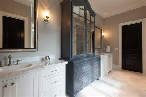 Check spelling or type a new query. Chic bathroom boasts a dark gray distressed linen cabinet ...
