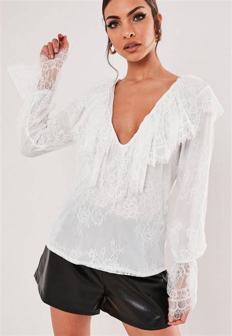 White Lace Frill Front V Neck Blouse Missguided Ireland
