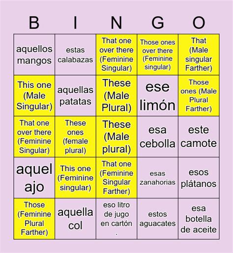 Demonstrative Adjectives And Pronouns Bingo Card