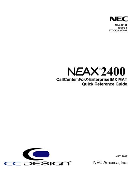 Nec Neax2400 Imx Callcenterworx Enterprise Imx Mat Quick Refpdf Nec