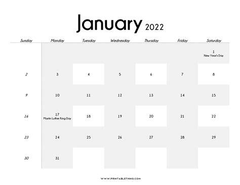 20 January 2022 Calendar Printable With Holidays Blank Free