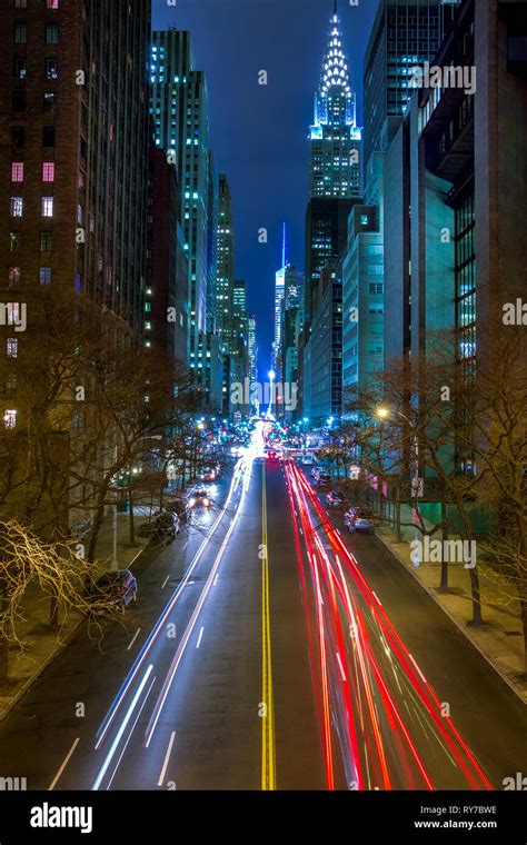 New York City Night Traffic On 42nd Manhattan Street Car Headlights