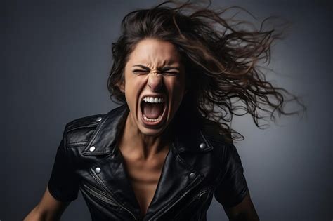 Premium Ai Image An Angry Woman In A Leather Jacket With Her Mouth Open
