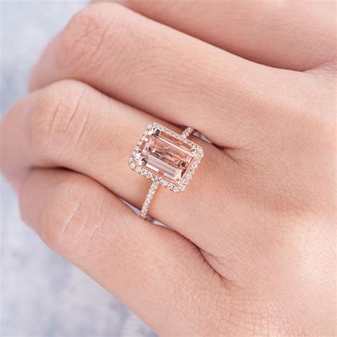 Emerald Cut Morganite Engagement Ring Rose Gold Diamond Halo Minimalist Eternity Solitaire
