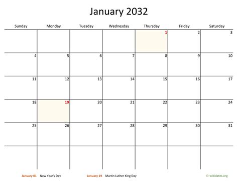 January 2032 Calendar With Bigger Boxes