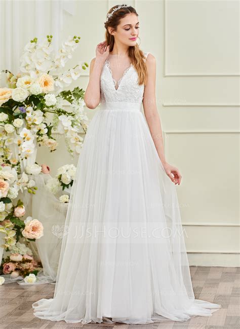 A Lineprincess V Neck Sweep Train Tulle Wedding Dress 002104625