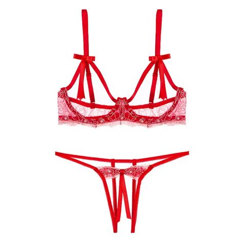 Womens Sexy Bra Set Embroidery Lace Exposed Breast Sexy Lingerie Strap