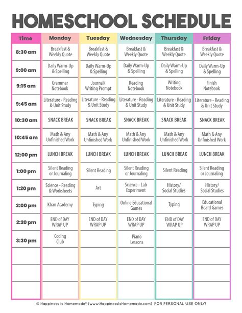 Free Printable Homeschool Schedule Template