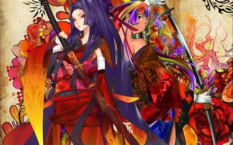 Wallpaper Anime Girls Purple Hair Katana Sword