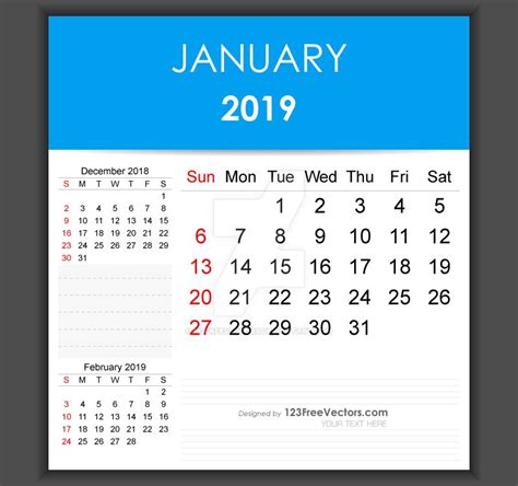 Editable January 2019 Calendar Template Free Pdf By 123freevectors On