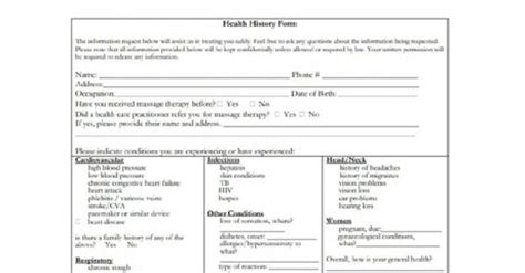 Massage Therapy Client Health History Intake Forms And Questions