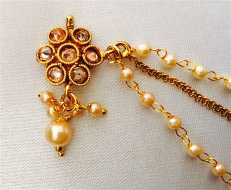 Ethnic India Gold Plated Nose Ring Press Nath Type With Pearl String