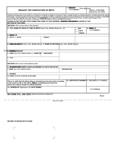 Fillable Dd Form 372 Request For Verification Of Birth Printable Pdf