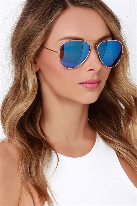 Gold And Blue Sunglasses Mirrored Aviator Sunglasses