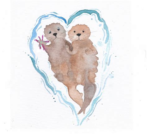 Watercolor Sea Otters Holding Hands Floating In A Heart Ripple Prints