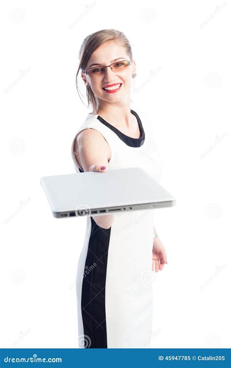 Smiling Business Woman Handing A Laptop Stock Image Image Of Handing