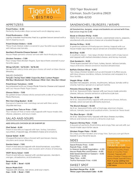 Carta del pub y bar Tiger Blvd Bistro, Clemson