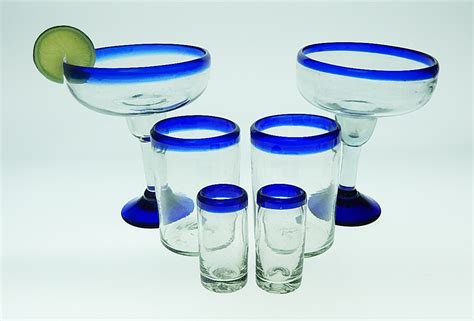 Mexican Bubble Glass Traditional Blue Rim Mexican Glasses Blue Rim Margarita Glasses Blue Rim
