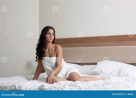 Beautiful Brunette Woman In White Towel On Bed Stock Image Image Of Attractive Pretty 27920113