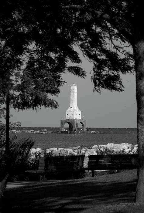 Port Washington Breakwater Lighthouse Wisconsin Vertical Bw Photograph