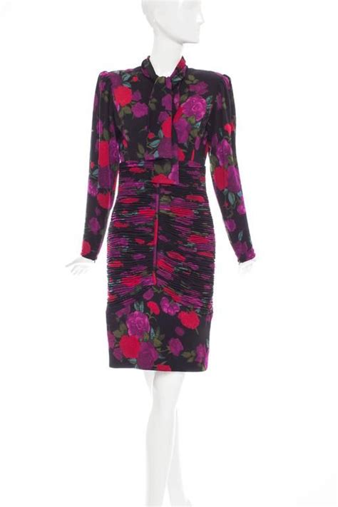 Emanuel Ungaro Floral Wool Jersey Ruched Dress Circa 1980s Ruched