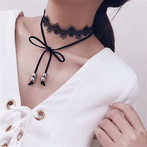 Elegant Sexy Black Lace Choker Faux Suede Tie Bow Gothic Choker Beaded