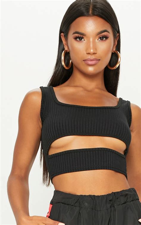 black ribbed cut out crop top prettylittlething qa