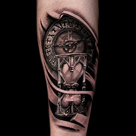 Realistic Hour Glass And Clock Tattoo Done In Black And Grey By Brandon