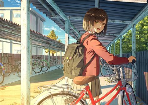 Free Download Hd Wallpaper Anime Girl School Uniform Bicycle Back