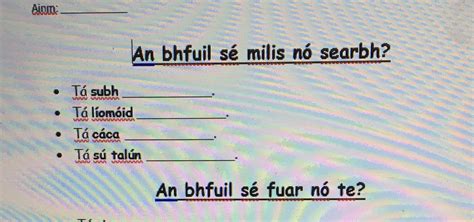 Mash Class Level Gaeilge Bia Worksheet