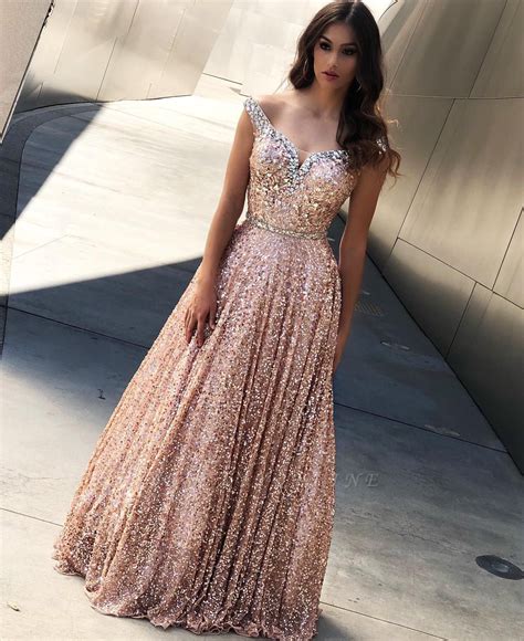 Rose Gold Sequins Evening Dresses Off The Shoulder Bling Bling Prom