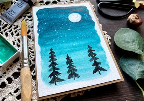 Watercolour Starry Night Sky With A Moon And Pine Trees Video Nordicbee