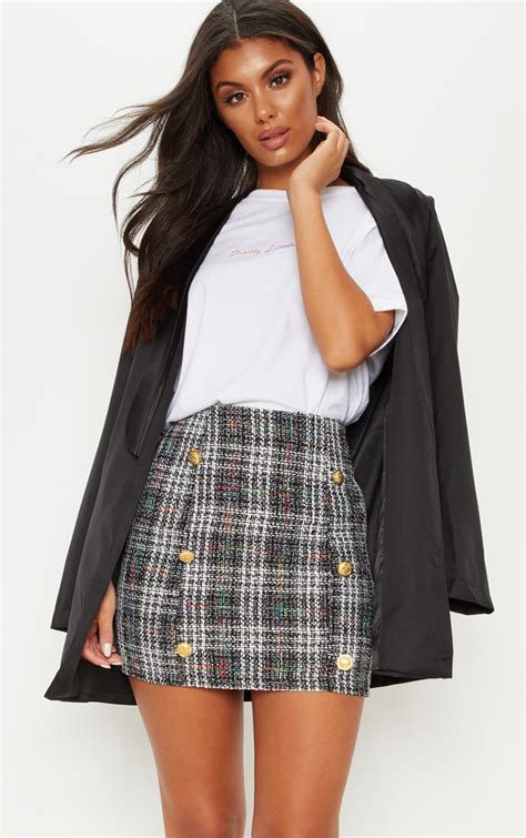 Black Tweed Button Detail Mini Skirt Prettylittlething Usa