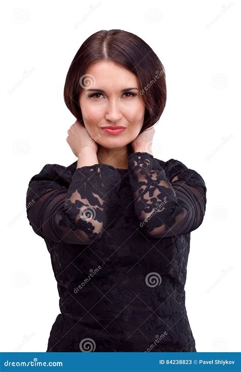 portrait of beautiful brunette in black dress isolated on white stock image image of dress