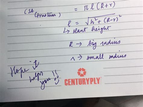 Calculate the various properties of a cone for given values. formula for csa of frustum of cone - Brainly.in