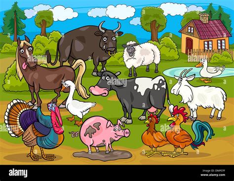 Farm Animals Country Scene Cartoon Illustration Stock Vector Image