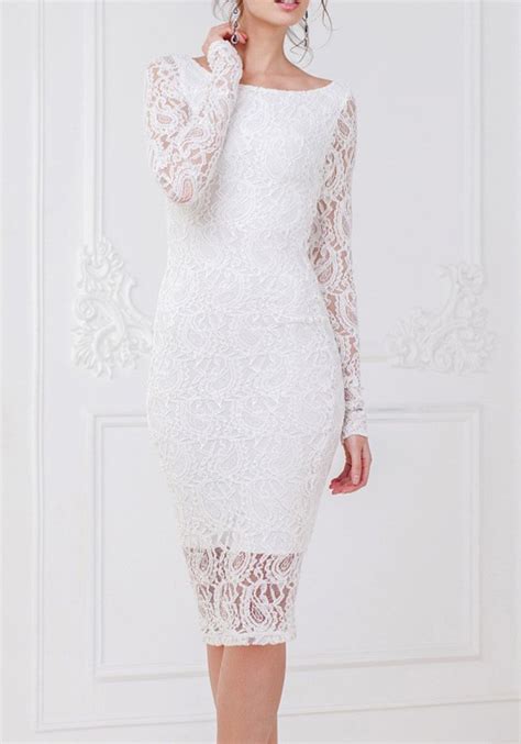 White Lace Round Neck Long Sleeve Bodycon Fashion Midi Dress Midi
