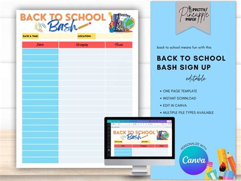 Editable Back To School Bash Sign Up Sheet Instant Digital Etsy België