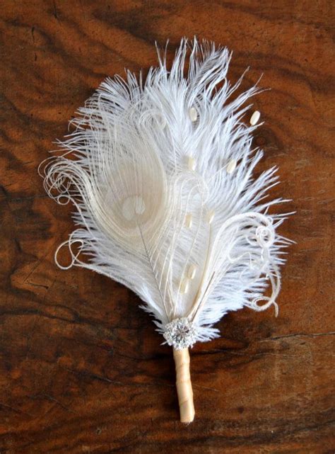 Crystal Groom Boutonniere Ostrich Feather Bridal Ivory Gatsby Etsy