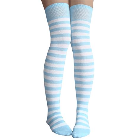 light blue and white striped thigh highs