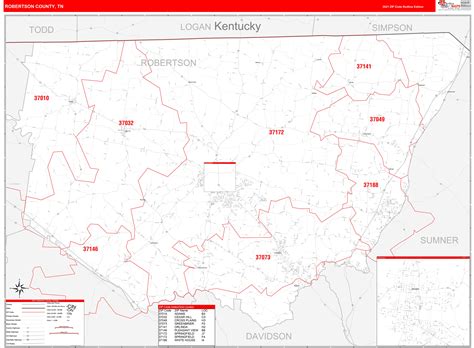 Robertson County, TN Zip Code Wall Map Red Line Style by MarketMAPS