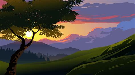 Vector Illustration Of Beautiful Mountain Sunset Landscape With A Tree