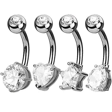 4pc Jeweled Crystal Belly Button Ring Prong Set 14g Surgical Steel Piercing Curved Barbell In