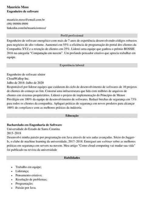 Modelo De Currículo De Ti Exemplo De Cv Para área De Ti